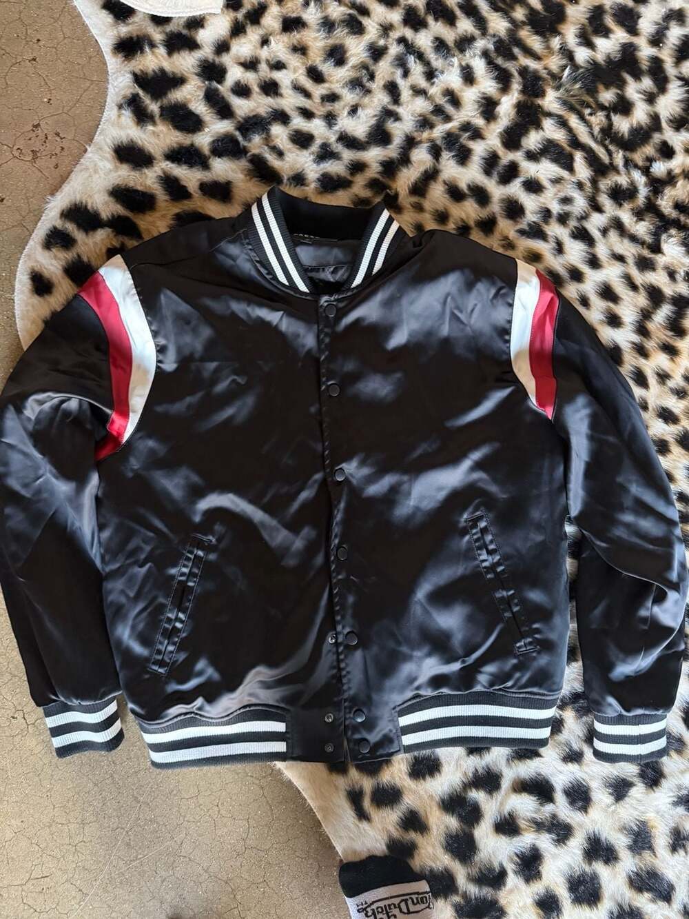 PacSun Black Satin Bomber Jacket with Red and White Striped Sleeves